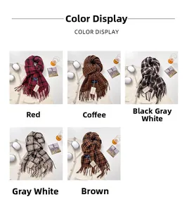 Close-up of soft plaid scarves with fringe in red brown and grey knit patterns