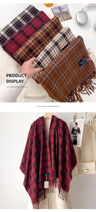 Close-up of soft plaid imitation cashmere scarves with elegant fringe and texture