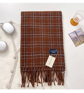 Macro detail of soft dark brown plaid scarf with light blue lines and long tassels