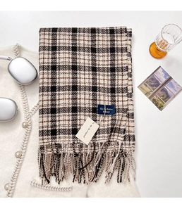 Detail of plaid cashmere scarf with fringes, fashion label and aesthetic accessories