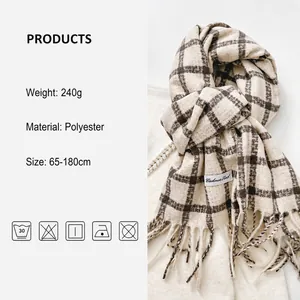 Thick beige and brown checkered winter scarf for women with tassels and cashmere feel