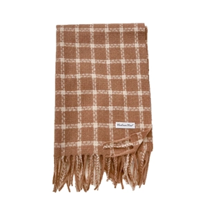 Thick brown and beige checkered winter scarf with fringes, warm knit cashmere feel shawl