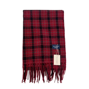 Red and black plaid cashmere-feel scarf with tassels and fashion label for winter