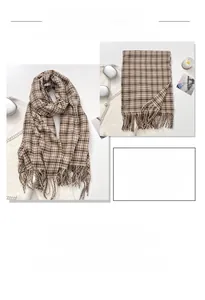 Macro shot of thick burgundy checkered scarf with soft tassel detail and warm fabric texture
