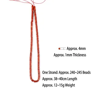 Strand of 4mm red agate disc beads for DIY jewelry making with technical specifications