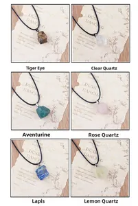 Macro view of six irregular raw gemstone pendants with natural crystal textures