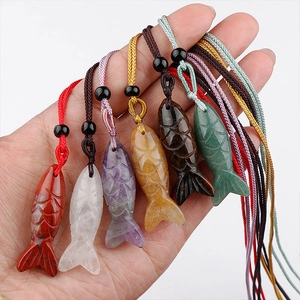 Natural amethyst and agate fish-shaped pendants with woven necklaces in six colors