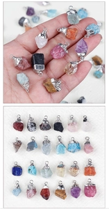 Detailed grid of raw natural amethyst and crystal stone pendants with silver-plated caps