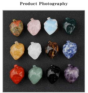 Detailed grid of 12 natural crystal heart carvings including amethyst and rose quartz