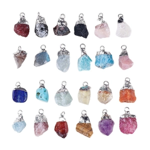 Set of 24 irregular raw gemstone pendants with silver-plated edging for DIY jewelry making