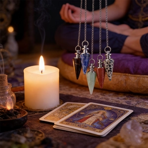 Set mit 5 Naturkristall-Pendeln für Yoga und Meditation mit silbernen Metallketten