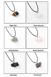 Six pendentifs éléphants en pierres: oeil de tigre, quartz, aventurine, obsidienne, améthyste
