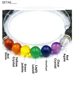 Macro detail of 7 chakra stones including Red Jasper and Amethyst on lava stone bracelet