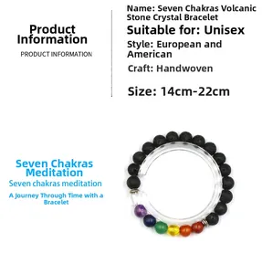 Detailed view of the seven chakra lava stone meditation bracelet with hand-woven beads