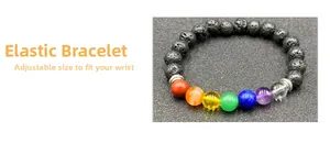 Detail of elastic 7 chakra yoga bracelet with black lava stone and colored beads