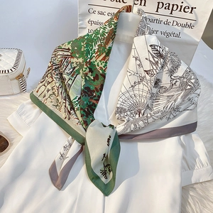 Elegant double-sided print silk scarf with jungle patterns and vintage floral line art