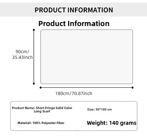 Detailed size chart showing 90x180cm dimensions for the solid color tassel scarf