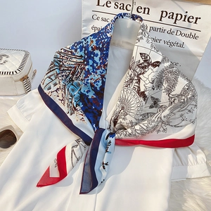 Fashionable silk square scarf with vintage butterfly floral print and blue rolled edges