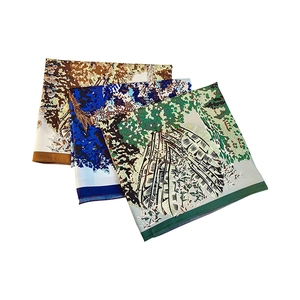 Three premium square silk scarves with vintage tropical leaf prints in multiple colors
