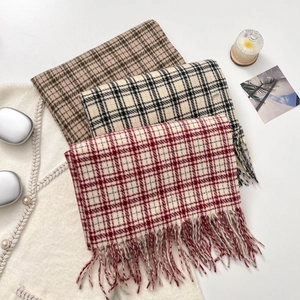 Vintage burgundy plaid scarf with tassels, thick winter shawl in red, black, and brown