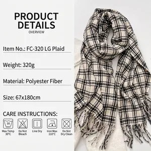 Thick burgundy checkered scarf with tassels made of 320g warm polyester fabric