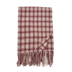Classic burgundy and white plaid winter scarf with fringe detail on a white background