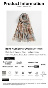 Detailed chart showing 70x180cm plaid scarf specifications and material info
