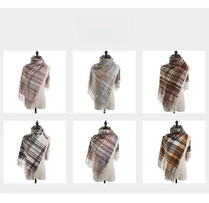 Detailed grid view of plaid knit scarves with long fringes in various color combinations