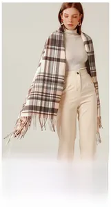Detailed view of the plaid tassel scarf showing soft cashmere-like fabric and frayed edges