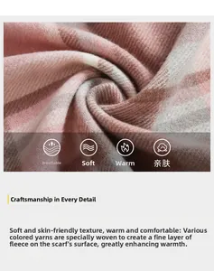 Detail of pink and grey plaid cashmere-like scarf showing soft knit texture and fringe
