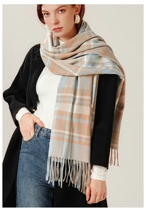Detail of soft plaid scarf showing elegant light blue and beige fringe tassels