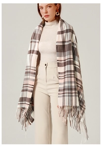 Close-up of pink and grey plaid cashmere-feel scarf with fine fringe details