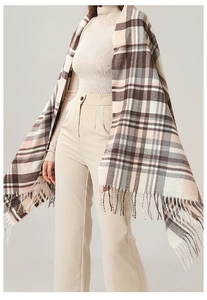 Close-up of the thick plaid texture and soft long tassels on this winter scarf shawl