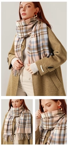 Close-up of pastel plaid scarf texture and toggle button on wool coat sleeve