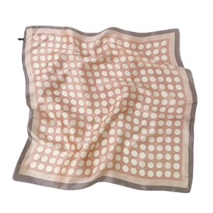Elegant pink silk satin square scarf with white polka dots and striped border