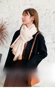 Texture détaillée d'une écharpe à carreaux épaisse avec franges sur tenue d'hiver chic
