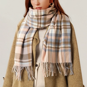 Women's pink and blue plaid cashmere-like scarf with tassels for autumn and winter