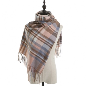 Classic pink and blue-gray plaid scarf with soft cashmere texture and tassels