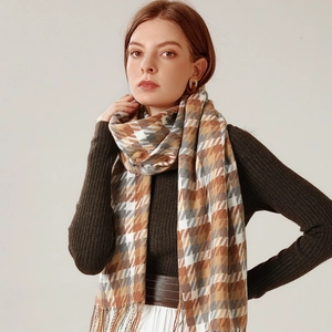 Écharpe Vintage À Carreaux Pied-de-poule Pour Femmes Hiver Chaud Doux Glands Enveloppement Style Britannique Grand Châle Long