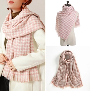 Pink and white houndstooth scarf with soft tassels and cozy cashmere-like texture