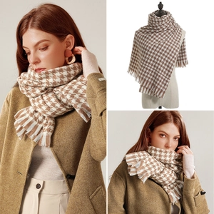 Classic brown and white houndstooth thick scarf with elegant fringe trim for women