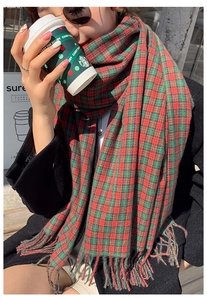 Detail of red and green plaid scarf with soft tassels worn in a winter street setting