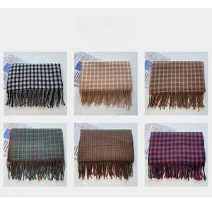 Detailed color display of six classic plaid scarves featuring elegant long tassels