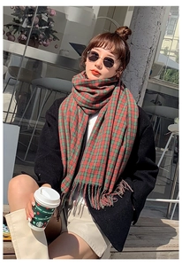 Close-up of red and green plaid scarf with fringe tassels on stylish winter model