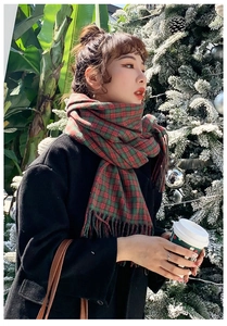 Classic red and green checkered scarf with fringe detail paired with a winter black coat