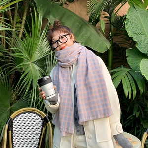 Thick lavender and orange checkered pashmina scarf with fringe for winter warmth