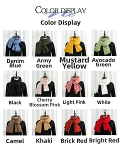 Detail showing twelve various solid colors of soft winter cashmere-feel tasseled scarves