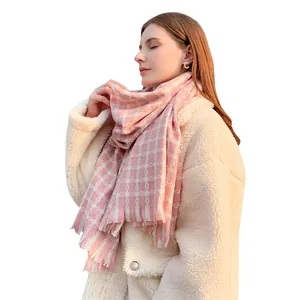 Pink and white chain pattern winter scarf for women with soft fringe details