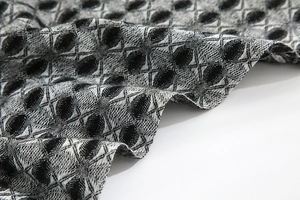 Macro view of cashmere-feel scarf fabric with black and white clover jacquard pattern