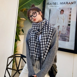 Classic black and white checkered thick scarf with fringe tassels for winter warmth